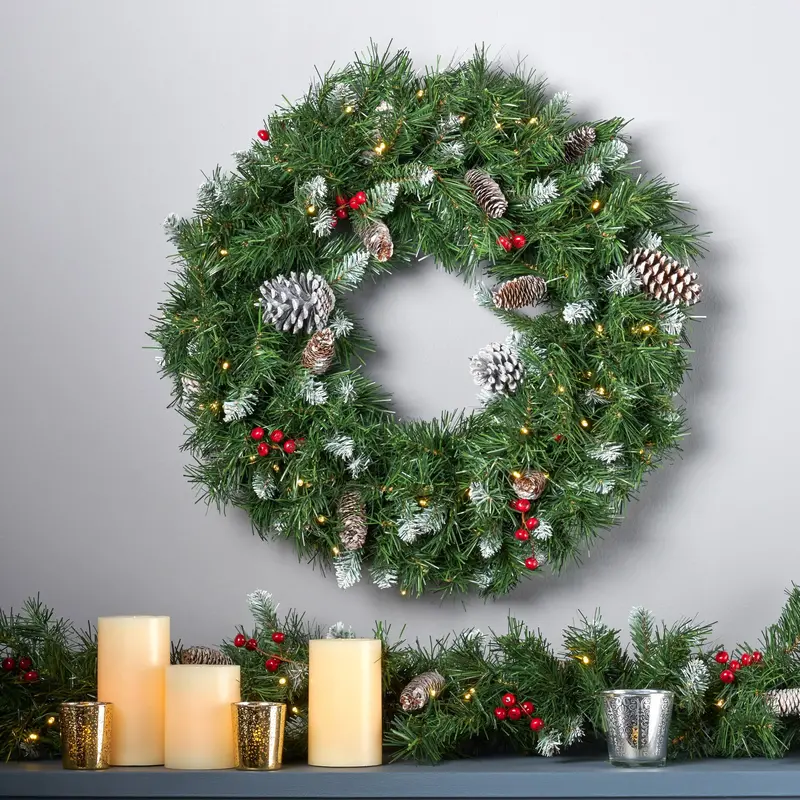 24-Inch Frosted Mixed Spruce Pre-Lit Wreath – Warm White Leds, Berries, Pinecones – Nh693703 1