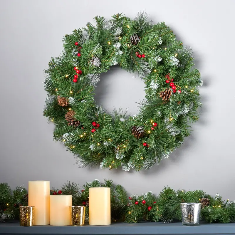 24-Inch Glittered Mixed Spruce Led Wreath With Red Berries & Pinecones – Nh593703 1