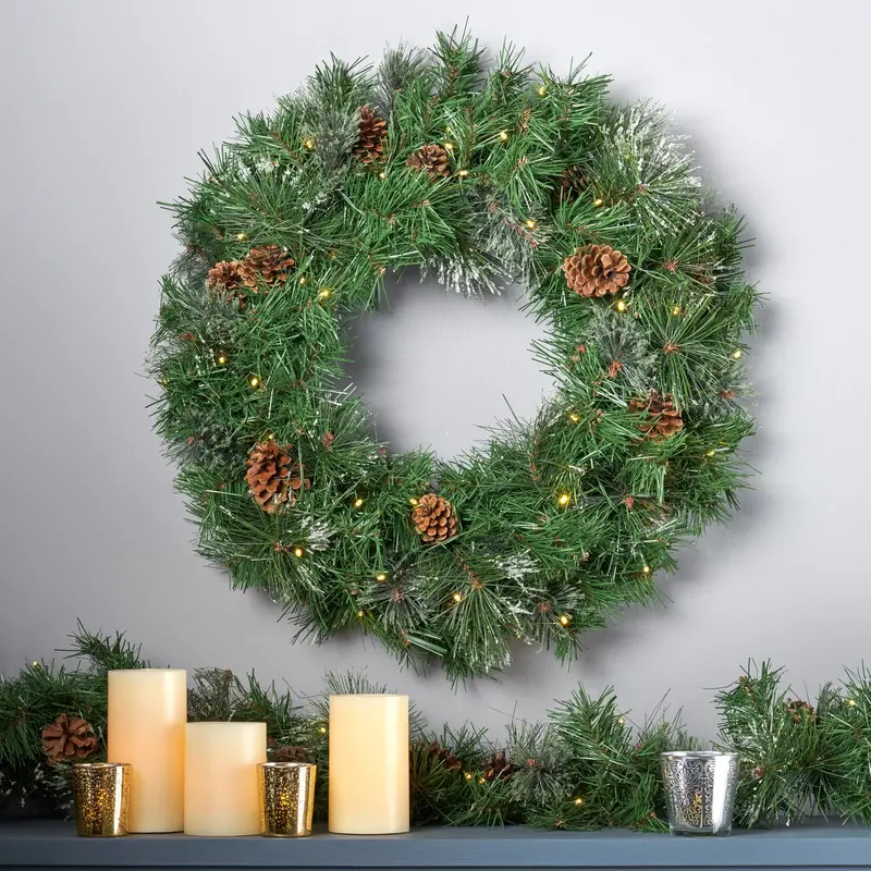 24-Inch Snow-Dusted Cashmere Pine Led Wreath With Pinecones – Nh893703 1