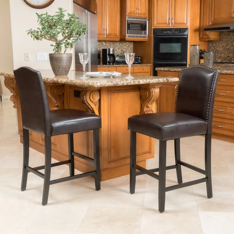 27-Inch Leather-Trimmed Brown Counter Stools – Pair 1