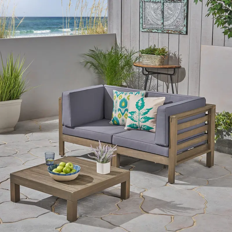 3-Piece 2-Seat Acacia Wood Outdoor Loveseat Set With Coffee Table 1
