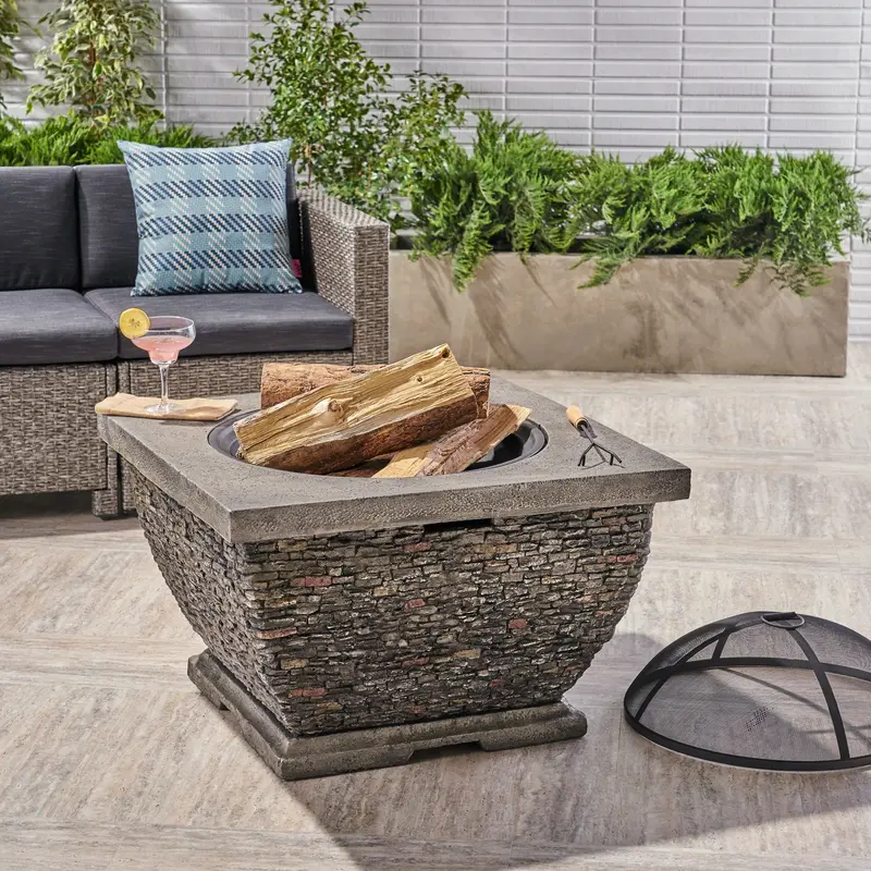 32-Inch Lightweight Concrete Square Wood-Burning Fire Pit – Gray 1