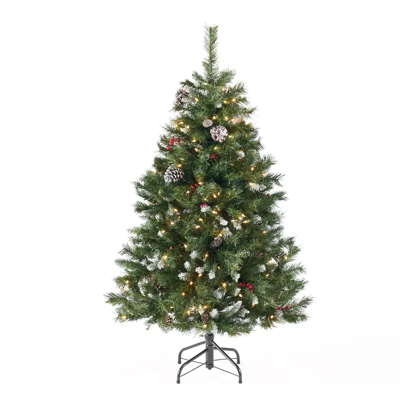 4.5' Frosted Artificial Christmas Tree – Mixed Spruce Design With Red Berries & Pinecones 1