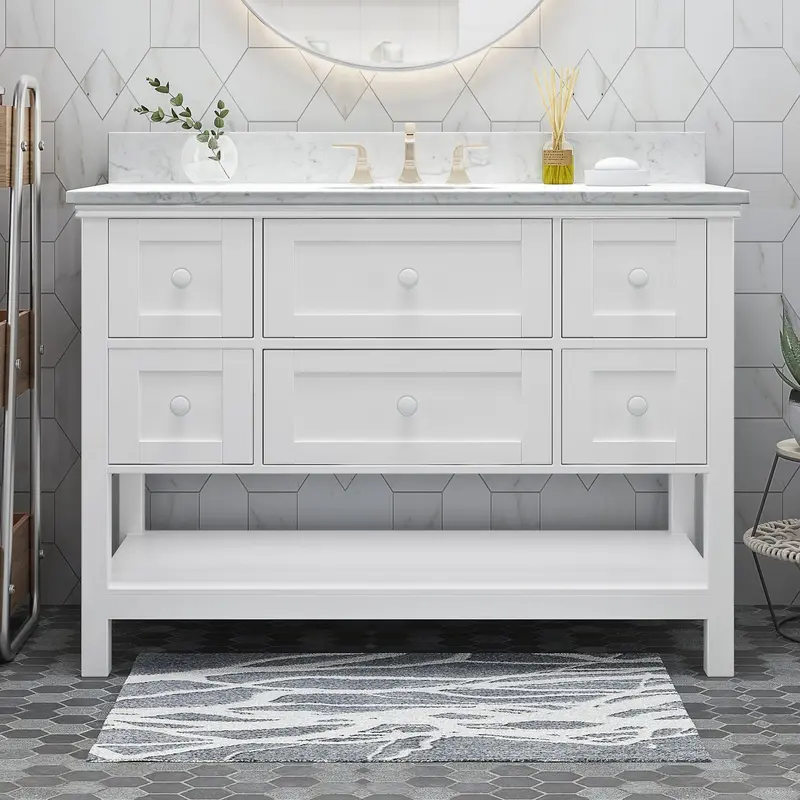 48-Inch Single-Sink Wood Vanity With Carrara White Marble Top – Designer Bathroom Essential 1