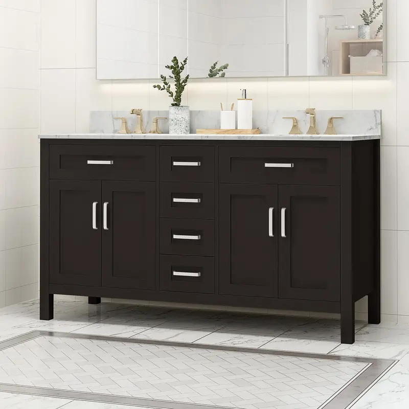 60" Contemporary Wood Vanity With Carrara Marble Surface & Dual Sink Configuration (Nh709703) 1