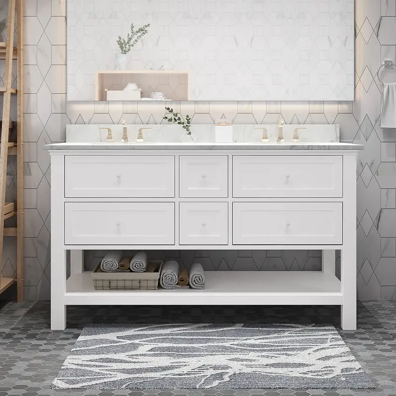 60-Inch Double-Sink Wood Vanity With Carrara White Marble Countertop – Premium Bathroom Suite 1