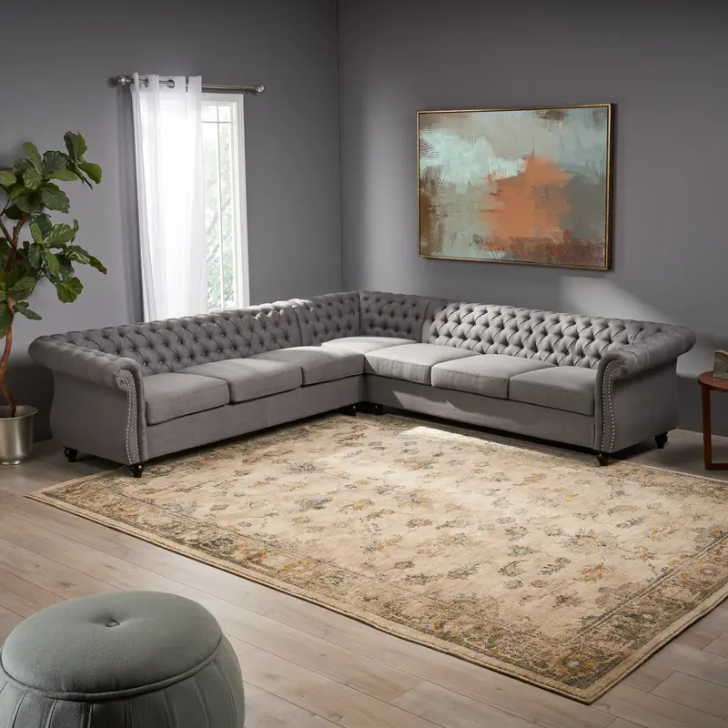 7-Seat Tufted Chesterfield Fabric Sectional – Nh704013 1