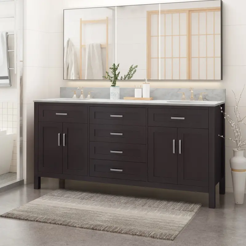 72-Inch Double-Sink Wood Vanity With Carrara White Marble Countertop – Spacious Bath Design 1