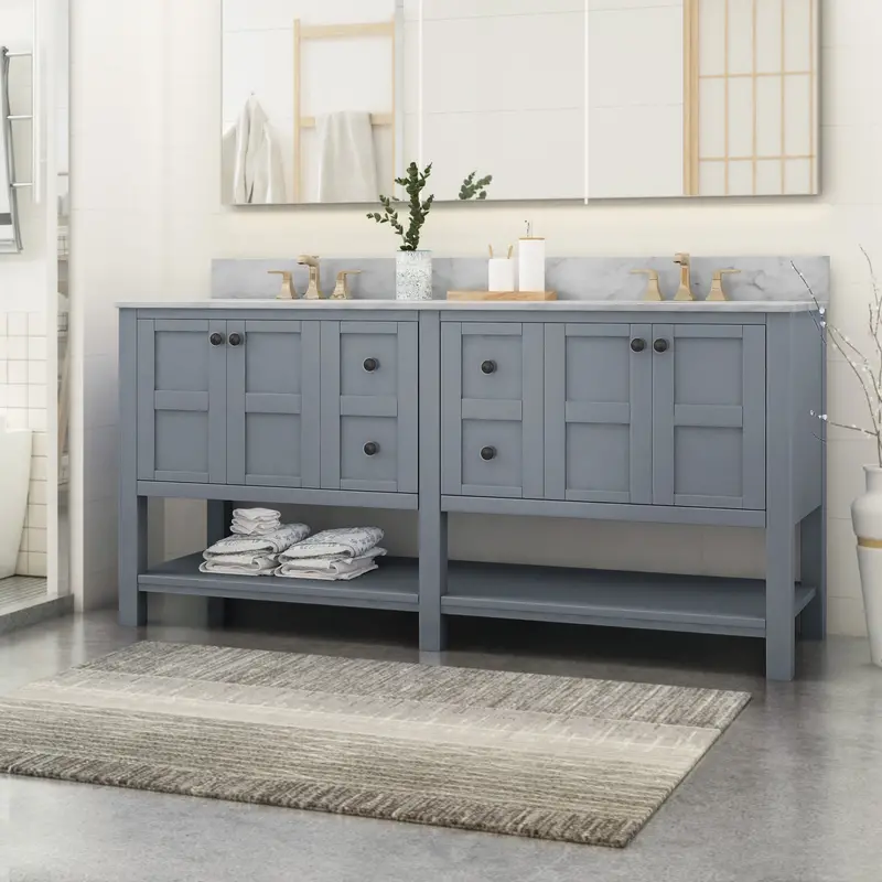 72-Inch Double-Sink Wood Vanity With Premium Carrara White Marble Top – High-End Bathroom Upgrade 1