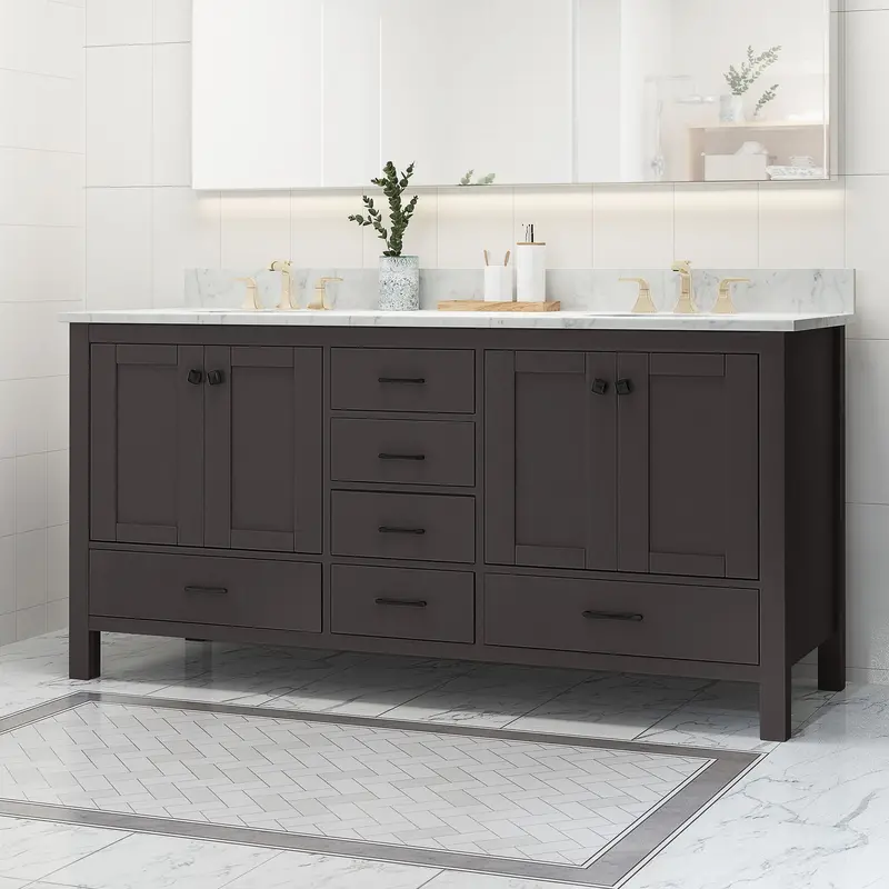 72" Premium Wood Double-Sink Vanity With Honed Carrara Marble Countertop (Nh739703) 1