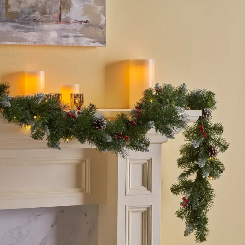 9-Foot Glittered Mixed Spruce Led Garland With Red Berries & Pinecones – Nh193703 1
