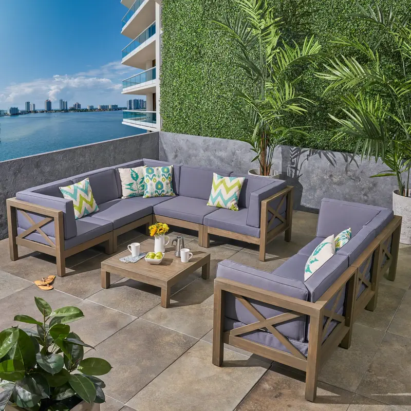 9-Piece Acacia Wood Outdoor Sectional Sofa Set With Coffee Table 1