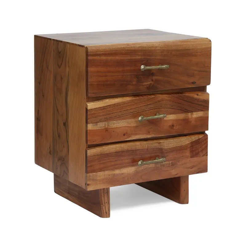 Acacia Wood Boho Nightstand With Three Drawers – Nh589313 1