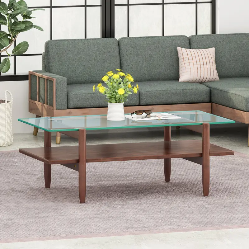 Acacia Wood Coffee Table Featuring Tempered Glass Top – Nh402113 1