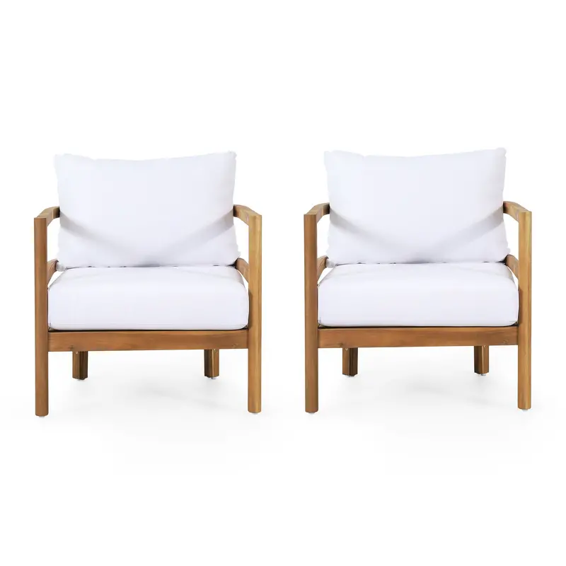 Acacia Wood Outdoor Club Chairs With Cushions (Set Of 2) – Teak & White, Nh316513 1