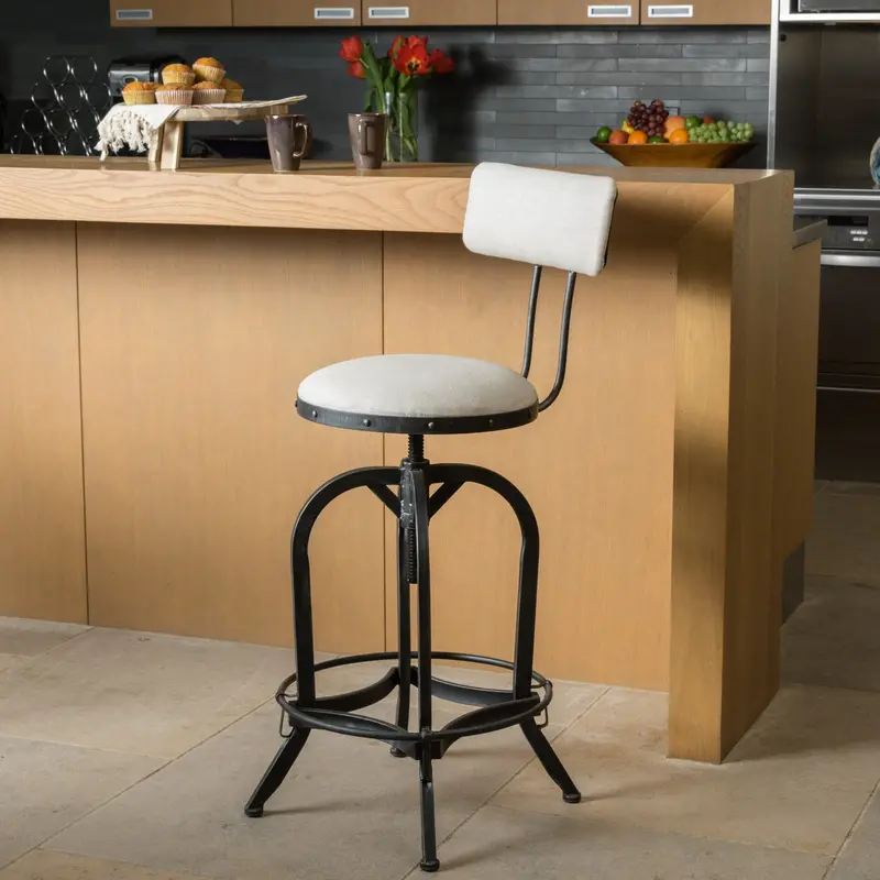 Adjustable Off-White Fabric Swivel Barstool – Ergonomic Backrest 1