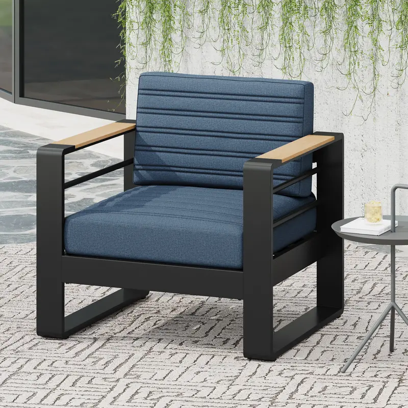 All-Weather Aluminum Club Chair – Faux Wood Accents & Water-Resistant Cushions 1