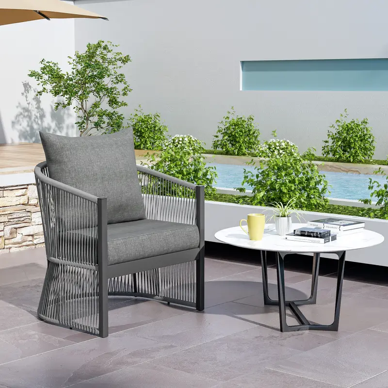Aluminum Outdoor Lounge Chair With Woven Rope Details – Contemporary Gray Design 1