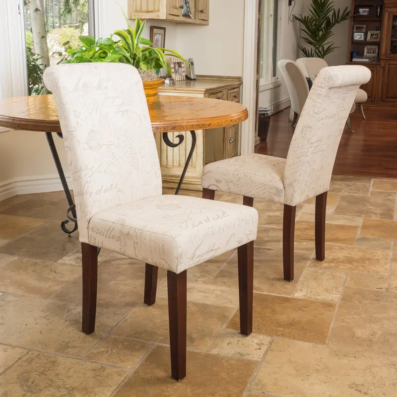 Artistic Script-Printed Beige Linen Dining Chairs – Pair (Model Nh109432) 1