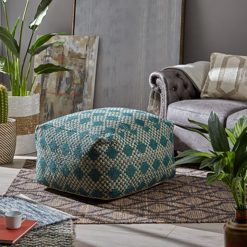Beige-And-Teal Yarn Boho Square Pouf – Nh726703 1
