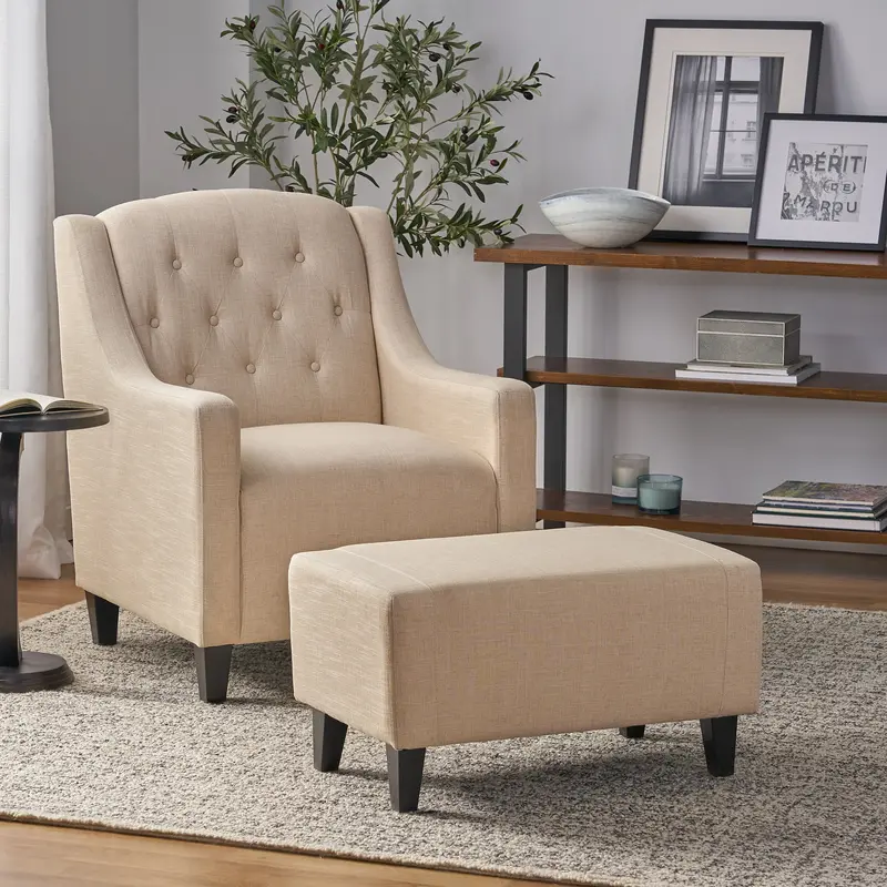 Beige Upholstered Club Chair With Matching Ottoman - Nh327712 1