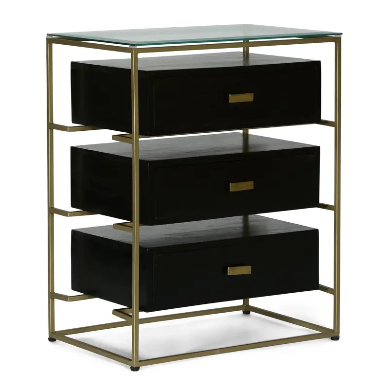 Black And Brass Nightstand With Glass Top And Three Drawers - Nh117413 1