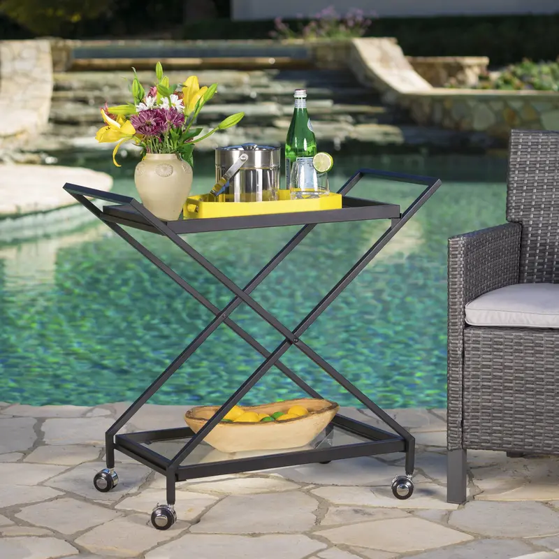 Black Powder-Coated Iron Outdoor Bar Cart With Tempered Glass Shelves – Model Nh745203 1
