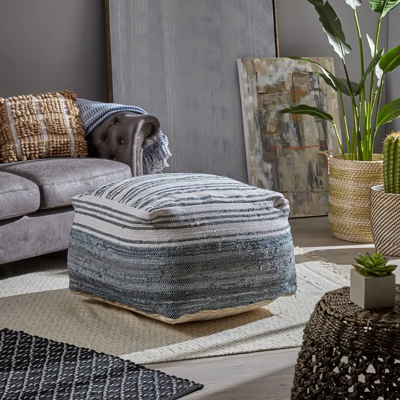 Blue And White Recycled Denim & Chindi Square Pouf – Boho Textured Floor Cushion Nh036703 1