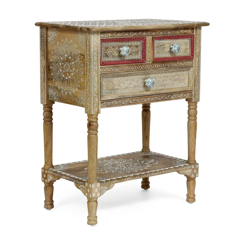 Boho-Inspired Mango Wood End Table With Three Drawers – Hand-Finished Accent Piece - Nh656313 1