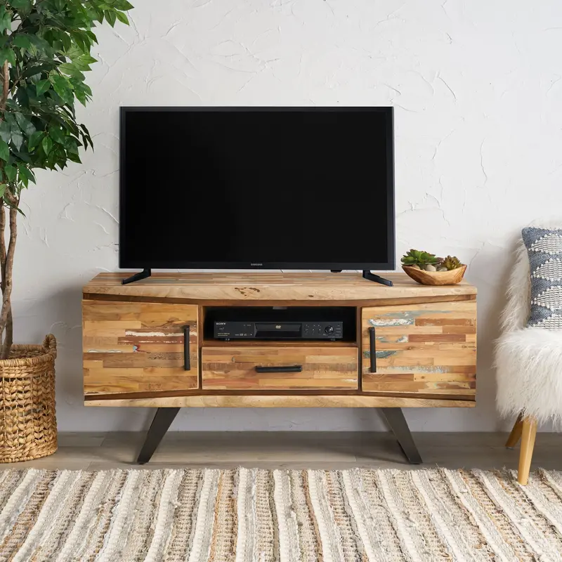 Boho-Inspired Reclaimed Wood Tv Stand With Artisan Finish 1