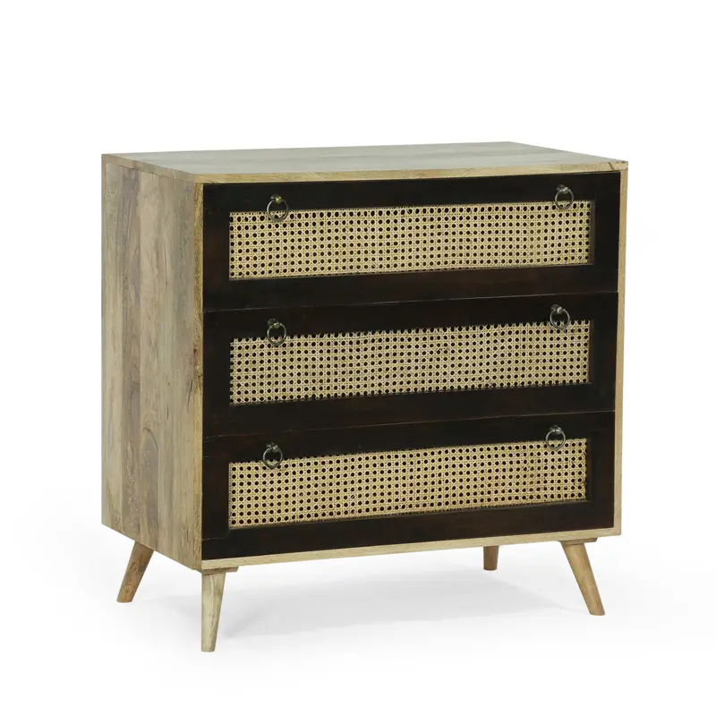 Boho-Inspired Three-Drawer Mango Wood Sideboard, Natural & Walnut – Nh658413 1