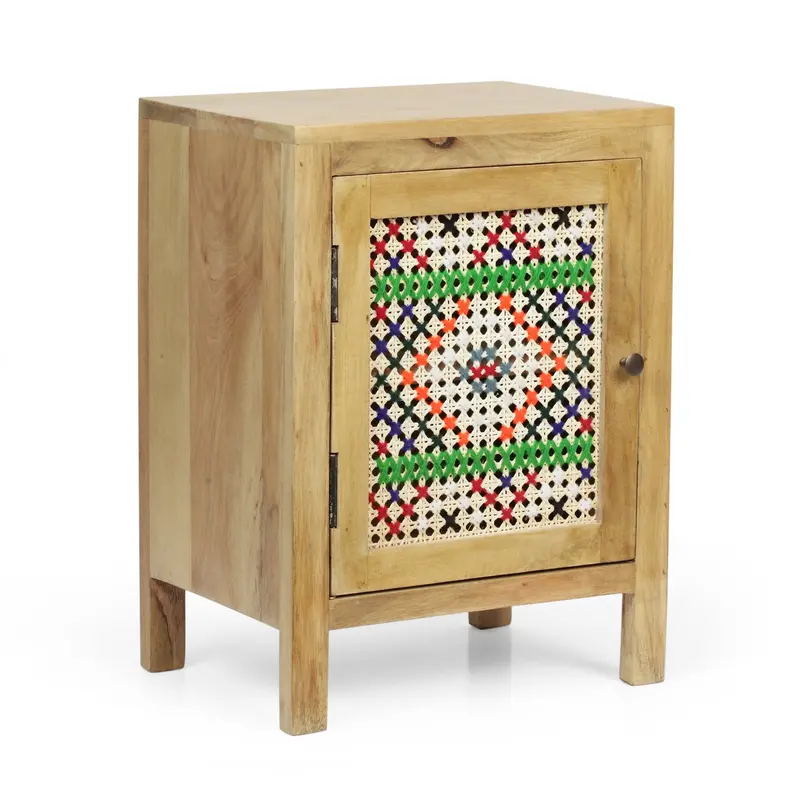 Boho Mango Wood Nightstand With Wool Detailing In Natural Finish 1