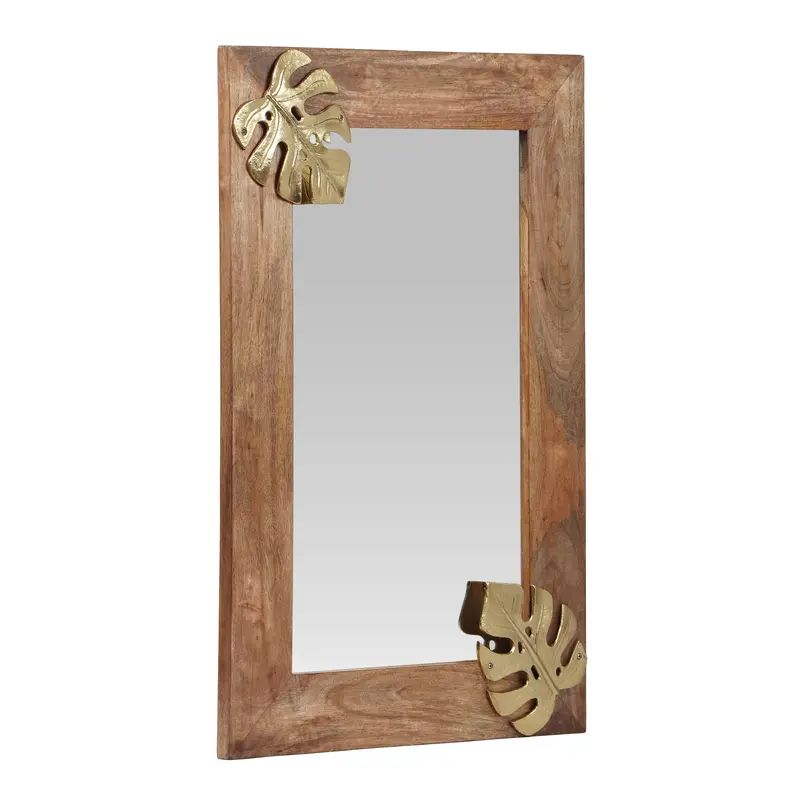 Boho Mango Wood Wall Mirror – Rectangular Frame In Natural Wood & Antique Gold 1