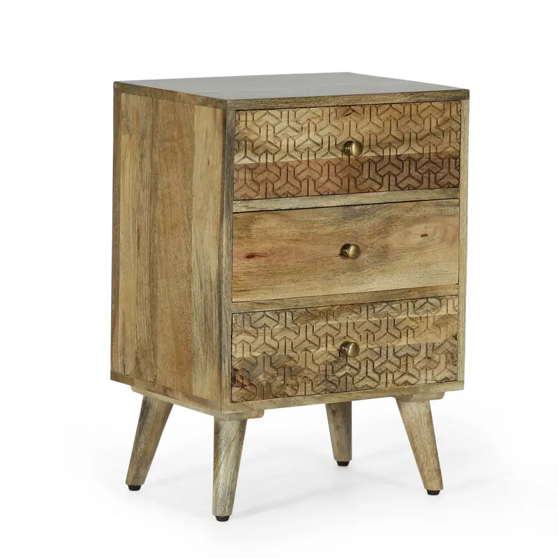 Boho Nightstand With Three Natural Mango Wood Drawers - Nh865413 1