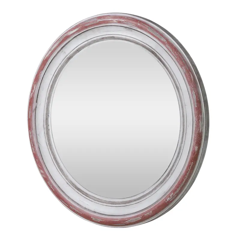 Boho Round Wooden Mirror – Weathered White & Red Accents 1