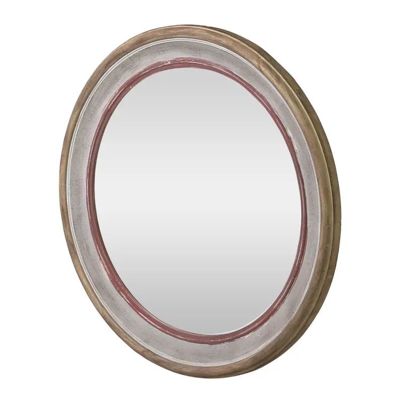 Boho Round Wooden Mirror – Whitewashed Frame With Red Detailing 1