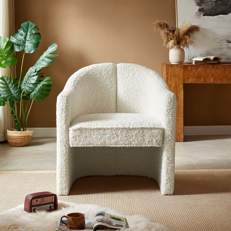 Bouclé Fabric Barrel Chair – Channel-Tufted Back, Minimalist Accent Design 1
