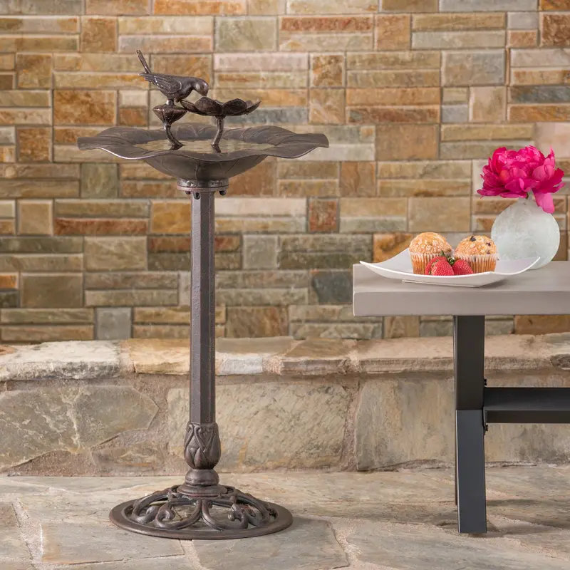 Bronze-Tone Aluminum Bird Bath With Ornamental Iron Base - Nh514303 1
