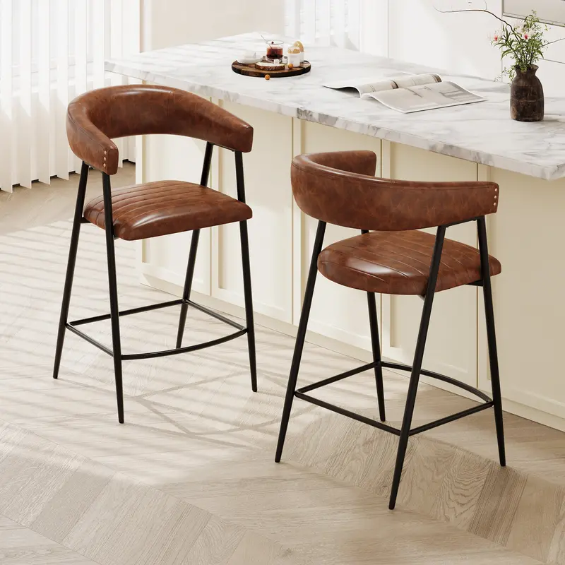 Brown Pu Leather Counter Stools – Sleek Modern Design With Durable Upholstery, Pair 1