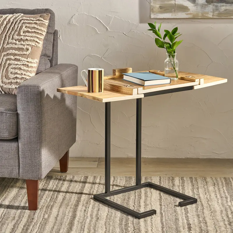 C-Shaped Industrial End Table Featuring Mango Wood Top And Metal Base - Nh537113 1
