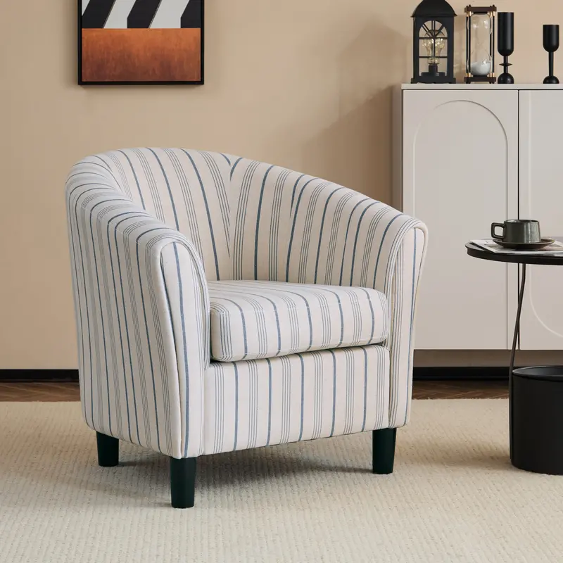 Channel-Stitched Barrel Club Chair – Upholstered Design With Solid Wood Base 1