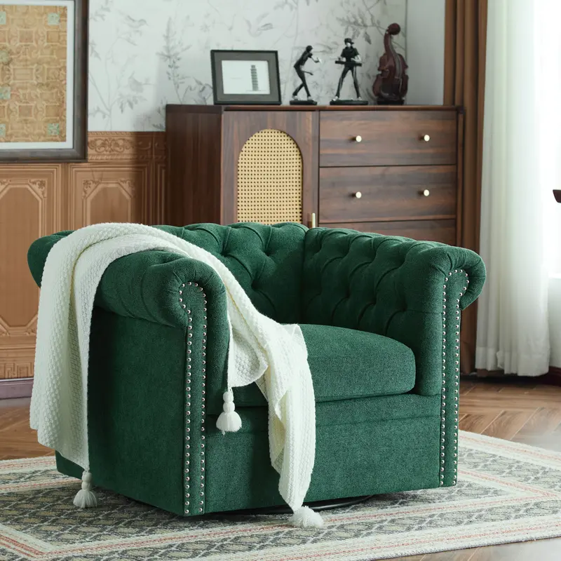 Chesterfield Swivel Club Chair – Faux Leather, Deep Tufting & Decorative Nailhead Trim 1