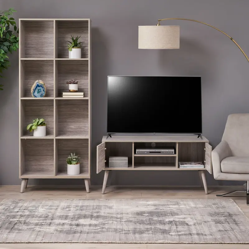 Compact Two-Piece Mid-Century Set: Tv Stand And Slim Bookcase - Nh588903 1