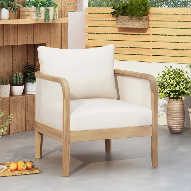 Contemporary Acacia Wood Patio Club Chair Featuring Beige All-Weather Cushions 1