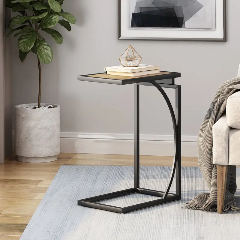 Contemporary C-Shaped End Table Combining Industrial Metal And Solid Wood - Nh826113 1