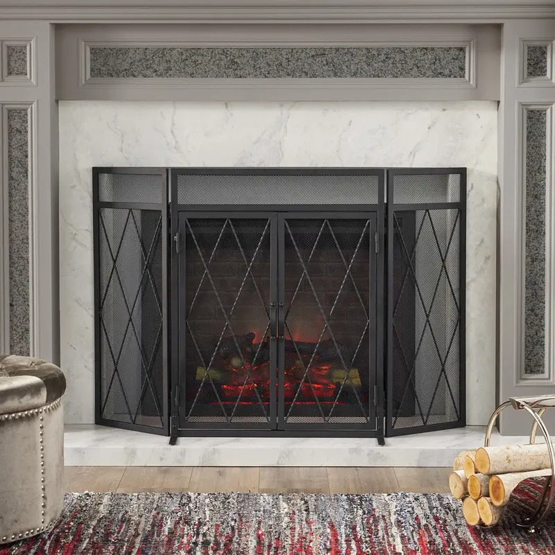 Contemporary Folding Iron Fireplace Screen With Door – Nh336113 1