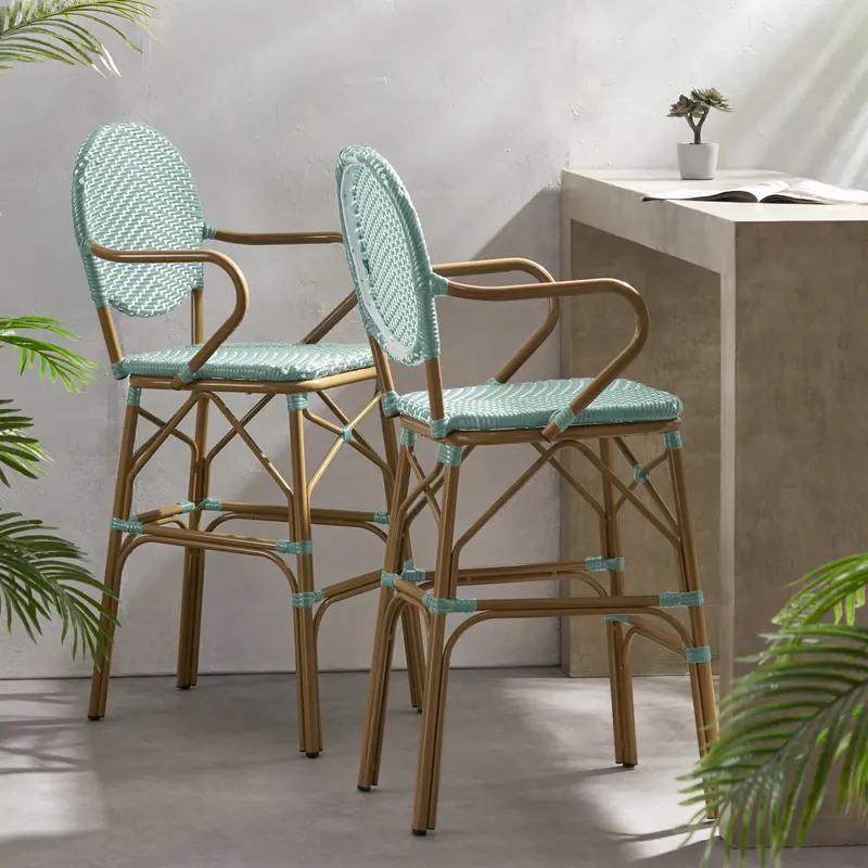 Contemporary French-Inspired Outdoor Barstools – Woven Wicker Over Aluminum Frame 1