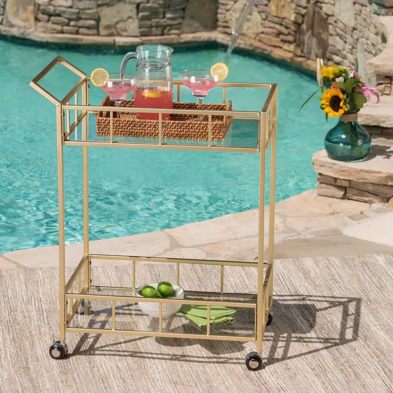 Contemporary Gold-Finished Iron And Glass Outdoor Bar Cart – Nh625403 1