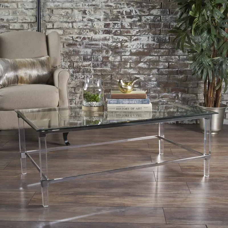 Contemporary Rectangular Glass Coffee Table With Iron And Acrylic Accents - Nh213203 1
