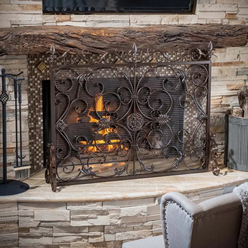 Copper Brown Wrought Iron Fireplace Screen – Vintage-Inspired Design, Nh054592 1